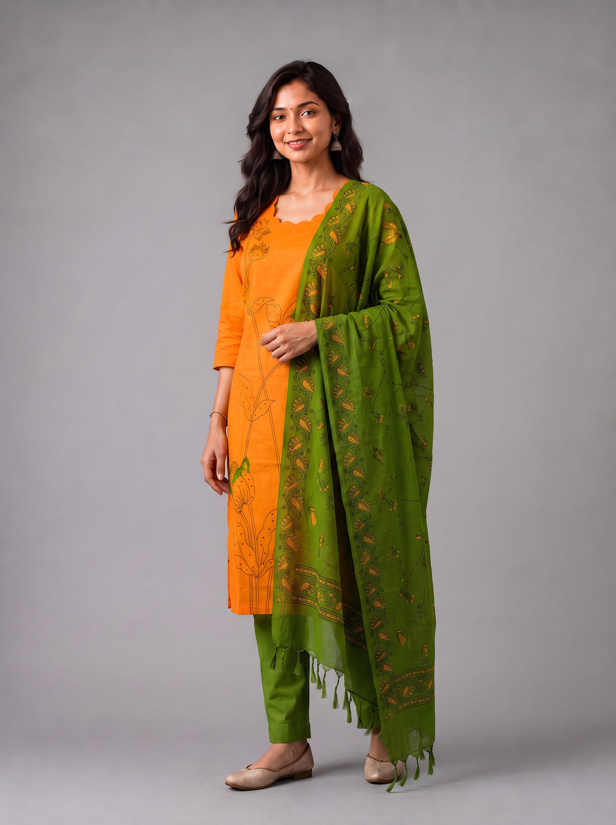 Premium Orange Cotton 3PC Kurti Set with Classic Floral Design, Mirror Finishing | Knots Bottom, Olive Green Printed Dupatta | Ready to Wear