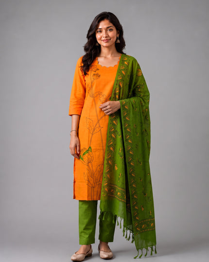 Premium Orange Cotton 3PC Kurti Set with Classic Floral Design, Mirror Finishing | Knots Bottom, Olive Green Printed Dupatta | Ready to Wear