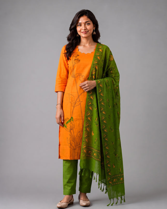 Premium Orange Cotton 3PC Kurti Set with Classic Floral Design, Mirror Finishing | Knots Bottom, Olive Green Printed Dupatta | Ready to Wear