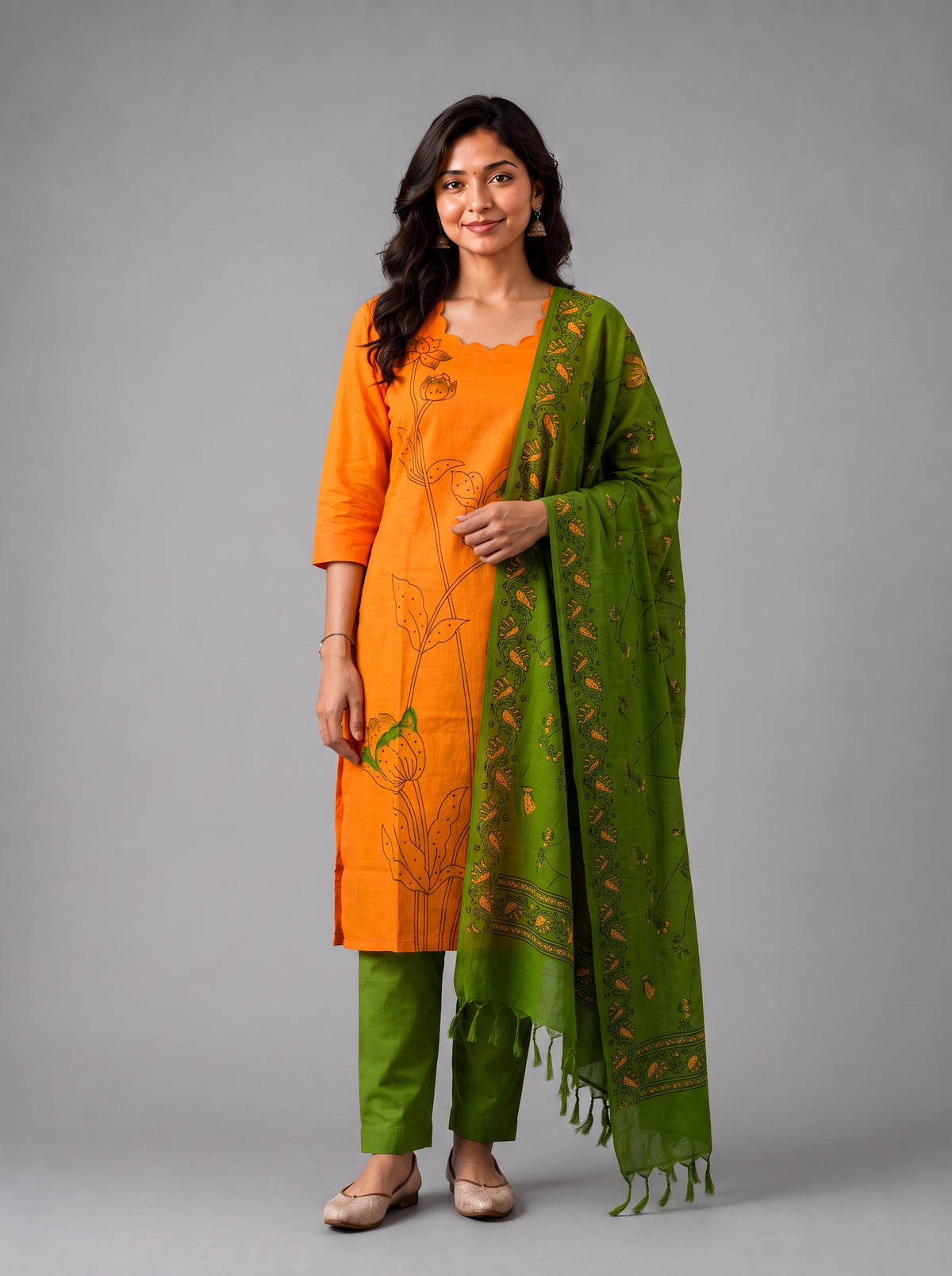 Premium Orange Cotton 3PC Kurti Set with Classic Floral Design, Mirror Finishing | Knots Bottom, Olive Green Printed Dupatta | Ready to Wear