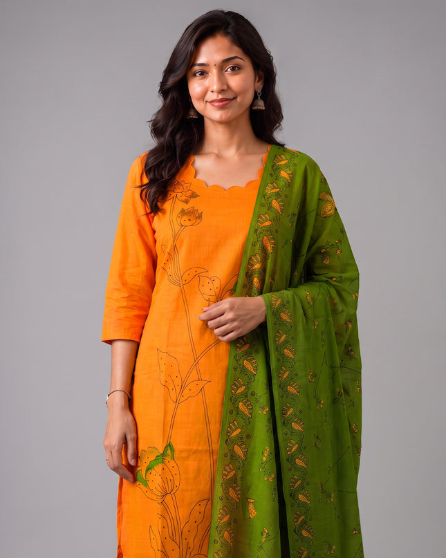 Premium Orange Cotton 3PC Kurti Set with Classic Floral Design, Mirror Finishing | Knots Bottom, Olive Green Printed Dupatta | Ready to Wear