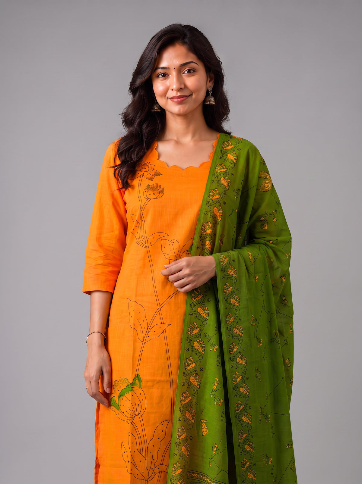 Premium Orange Cotton 3PC Kurti Set with Classic Floral Design, Mirror Finishing | Knots Bottom, Olive Green Printed Dupatta | Ready to Wear