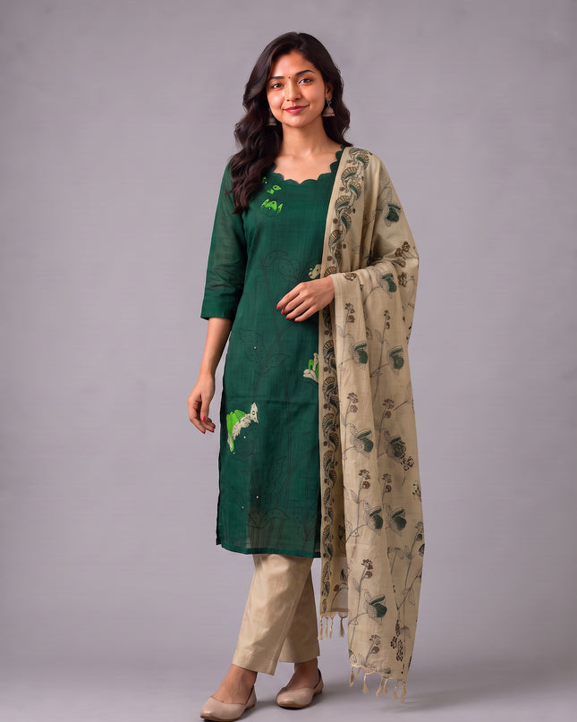 Premium Dark Green Cotton 3PC Kurti Set with Classic Floral Design, Mirror Finishing | Knots Bottom, Beige Printed Dupatta | Ready to Wear