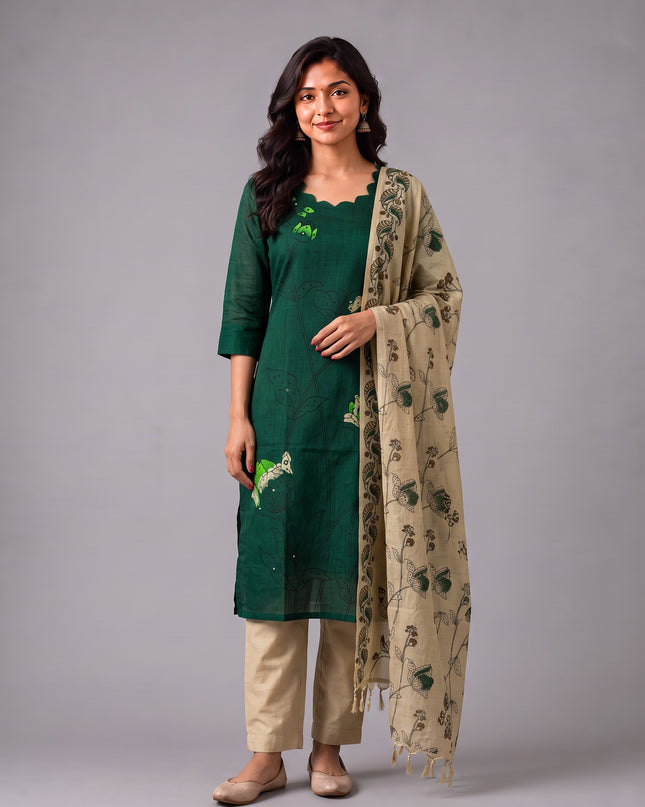 Premium Dark Green Cotton 3PC Kurti Set with Classic Floral Design, Mirror Finishing | Knots Bottom, Beige Printed Dupatta | Ready to Wear