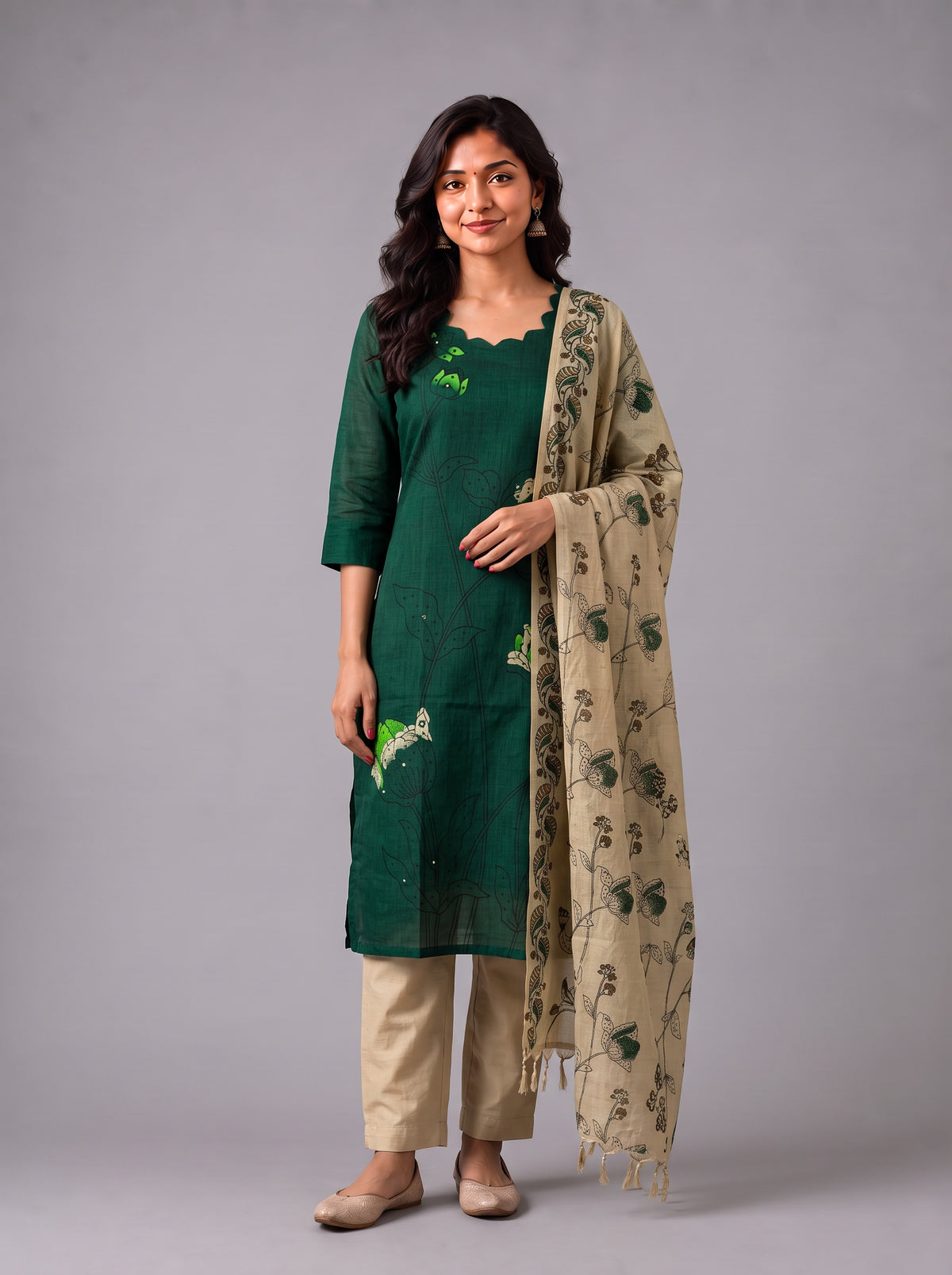 Premium Dark Green Cotton 3PC Kurti Set with Classic Floral Design, Mirror Finishing | Knots Bottom, Beige Printed Dupatta | Ready to Wear