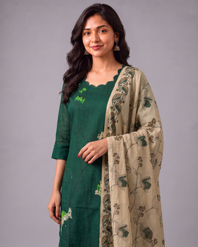 Premium Dark Green Cotton 3PC Kurti Set with Classic Floral Design, Mirror Finishing | Knots Bottom, Beige Printed Dupatta | Ready to Wear