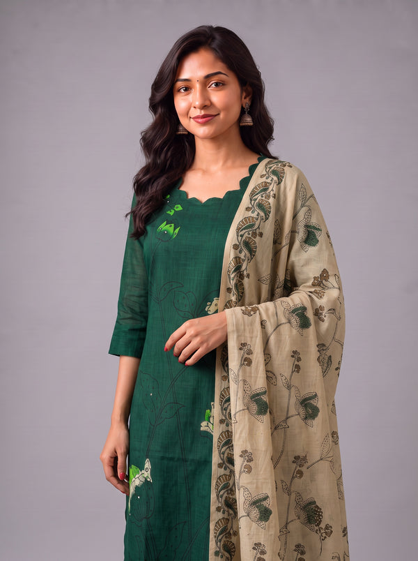 Premium Dark Green Cotton 3PC Kurti Set with Classic Floral Design, Mirror Finishing | Knots Bottom, Beige Printed Dupatta | Ready to Wear