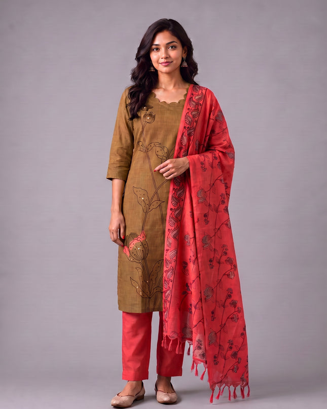 Premium Mustard Brown Cotton 3PC Kurti Set with Classic Floral Design, Mirror Finishing | Knots Bottom, Coral Pink Printed Dupatta | Ready to Wear