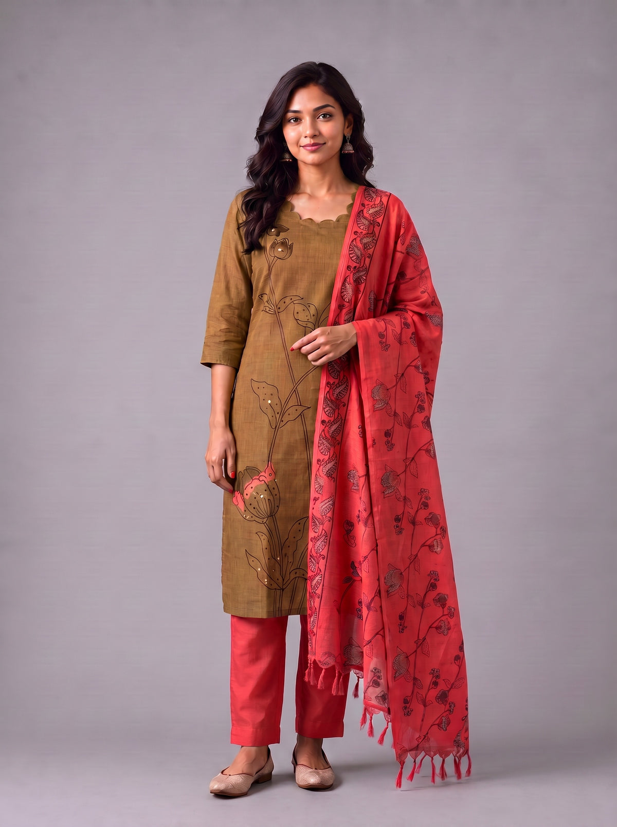Premium Mustard Brown Cotton 3PC Kurti Set with Classic Floral Design, Mirror Finishing | Knots Bottom, Coral Pink Printed Dupatta | Ready to Wear