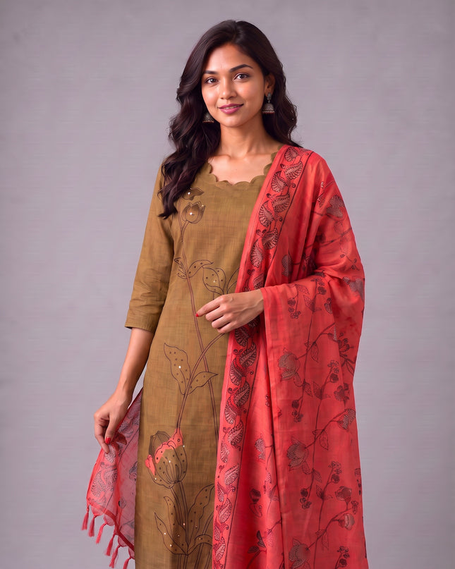 Premium Mustard Brown Cotton 3PC Kurti Set with Classic Floral Design, Mirror Finishing | Knots Bottom, Coral Pink Printed Dupatta | Ready to Wear