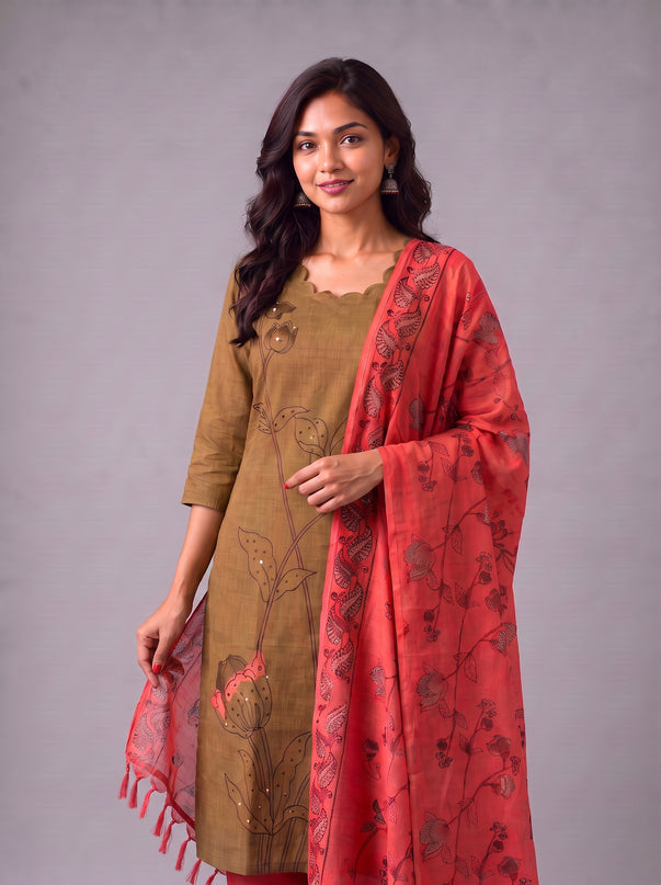 Premium Mustard Brown Cotton 3PC Kurti Set with Classic Floral Design, Mirror Finishing | Knots Bottom, Coral Pink Printed Dupatta | Ready to Wear