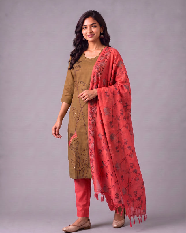 Premium Mustard Brown Cotton 3PC Kurti Set with Classic Floral Design, Mirror Finishing | Knots Bottom, Coral Pink Printed Dupatta | Ready to Wear