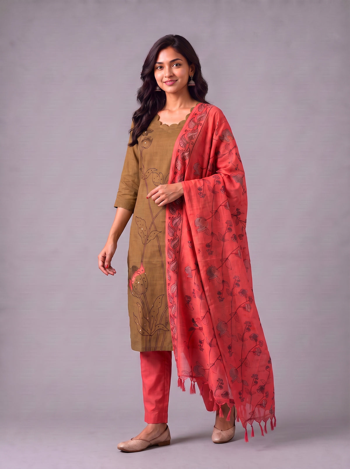 Premium Mustard Brown Cotton 3PC Kurti Set with Classic Floral Design, Mirror Finishing | Knots Bottom, Coral Pink Printed Dupatta | Ready to Wear