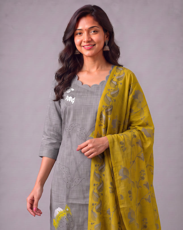 Premium Light Grey Cotton 3PC Kurti Set with Classic Floral Design, Mirror Finishing | Knots Bottom, Mustard Yellow Printed Dupatta | Ready to Wear