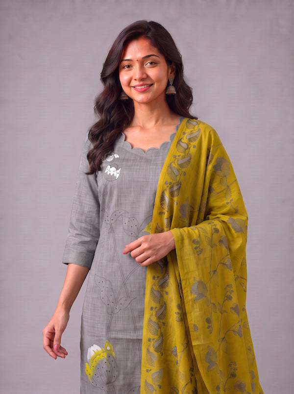 Premium Light Grey Cotton 3PC Kurti Set with Classic Floral Design, Mirror Finishing | Knots Bottom, Mustard Yellow Printed Dupatta | Ready to Wear