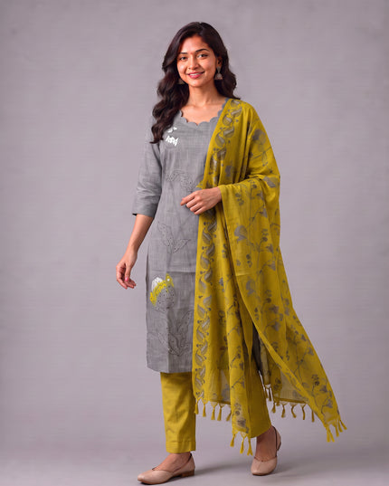 Premium Light Grey Cotton 3PC Kurti Set with Classic Floral Design, Mirror Finishing | Knots Bottom, Mustard Yellow Printed Dupatta | Ready to Wear
