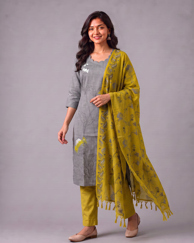 Premium Light Grey Cotton 3PC Kurti Set with Classic Floral Design, Mirror Finishing | Knots Bottom, Mustard Yellow Printed Dupatta | Ready to Wear