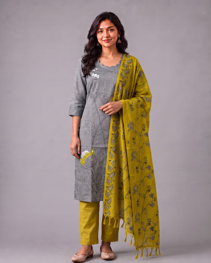 Premium Light Grey Cotton 3PC Kurti Set with Classic Floral Design, Mirror Finishing | Knots Bottom, Mustard Yellow Printed Dupatta | Ready to Wear