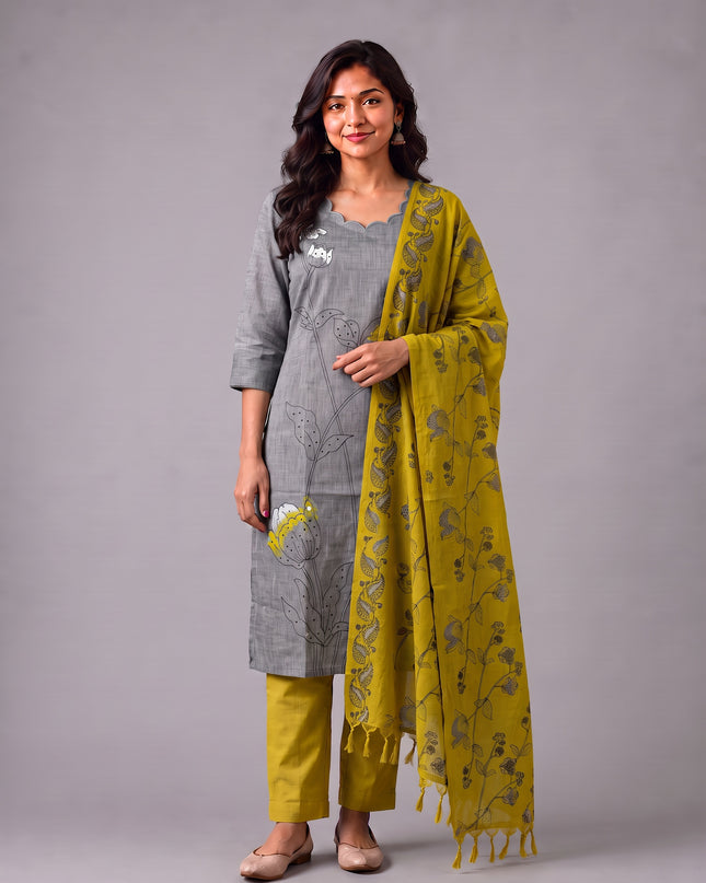 Premium Light Grey Cotton 3PC Kurti Set with Classic Floral Design, Mirror Finishing | Knots Bottom, Mustard Yellow Printed Dupatta | Ready to Wear