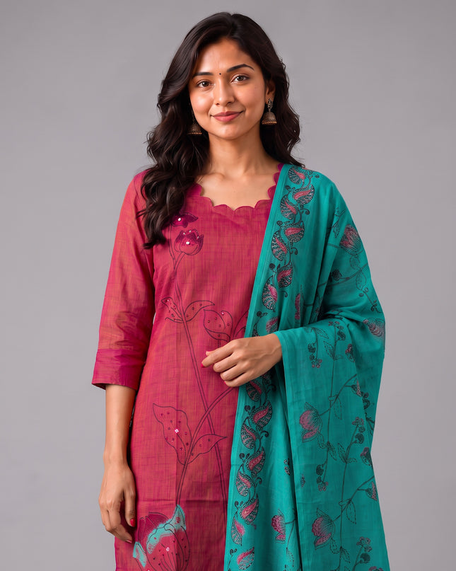 Premium Magenta Pink Cotton 3PC Kurti Set with Classic Floral Design, Mirror Finishing | Knots Bottom, Turquoise Blue Printed Dupatta | Ready to Wear