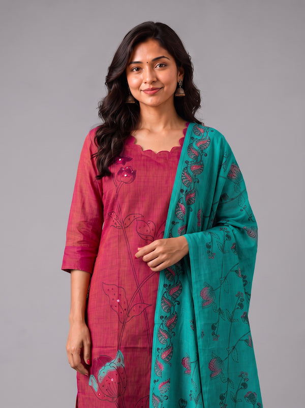 Premium Magenta Pink Cotton 3PC Kurti Set with Classic Floral Design, Mirror Finishing | Knots Bottom, Turquoise Blue Printed Dupatta | Ready to Wear