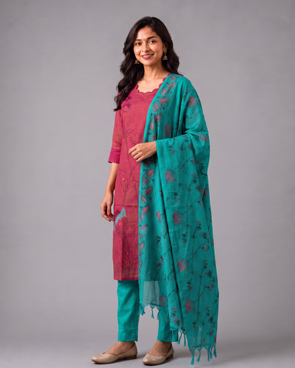 Premium Magenta Pink Cotton 3PC Kurti Set with Classic Floral Design, Mirror Finishing | Knots Bottom, Turquoise Blue Printed Dupatta | Ready to Wear