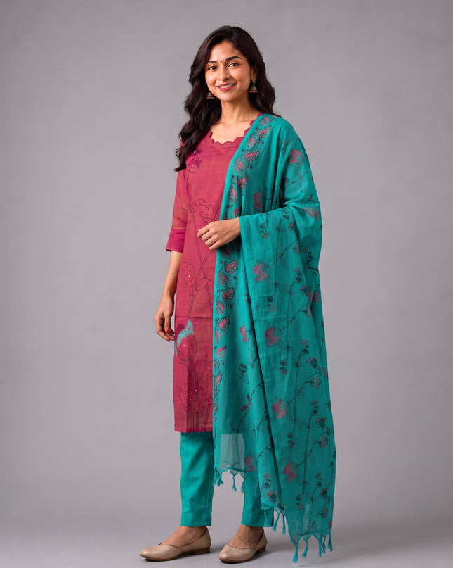 Premium Magenta Pink Cotton 3PC Kurti Set with Classic Floral Design, Mirror Finishing | Knots Bottom, Turquoise Blue Printed Dupatta | Ready to Wear