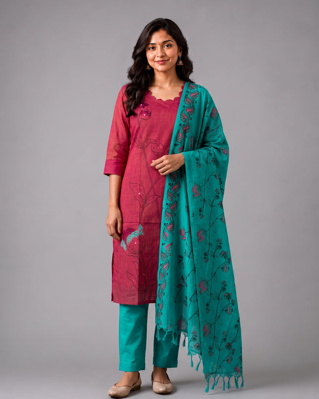 Premium Magenta Pink Cotton 3PC Kurti Set with Classic Floral Design, Mirror Finishing | Knots Bottom, Turquoise Blue Printed Dupatta | Ready to Wear