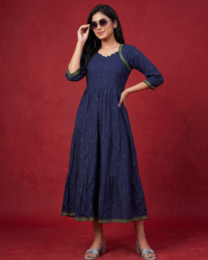 Designer Anarkali 2PC Set with Dupatta in Navy Blue | Elegant Tiered Frock Design