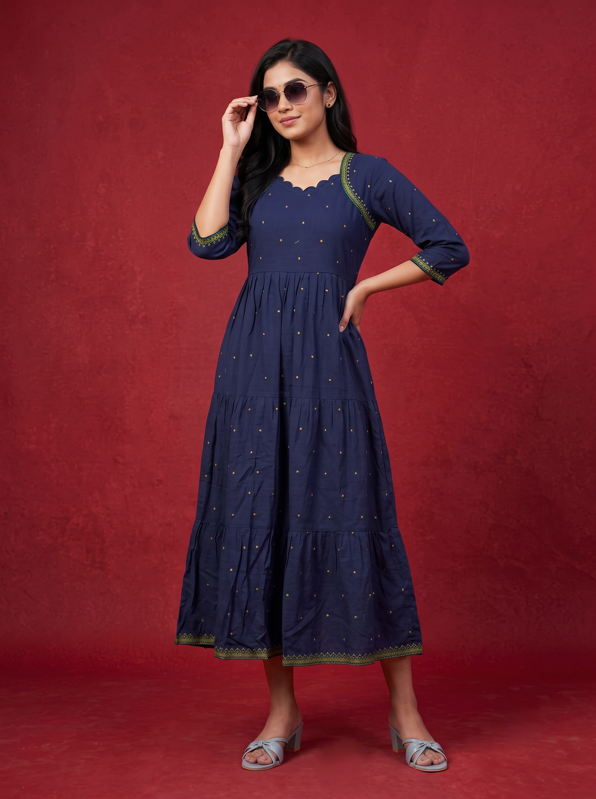 Designer Anarkali 2PC Set with Dupatta in Navy Blue | Elegant Tiered Frock Design