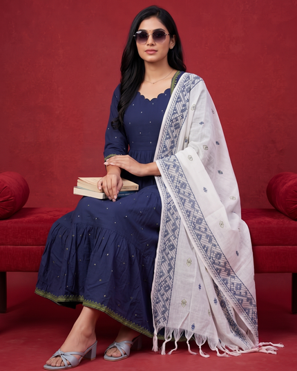 Designer Anarkali 2PC Set with Dupatta in Navy Blue | Elegant Tiered Frock Design