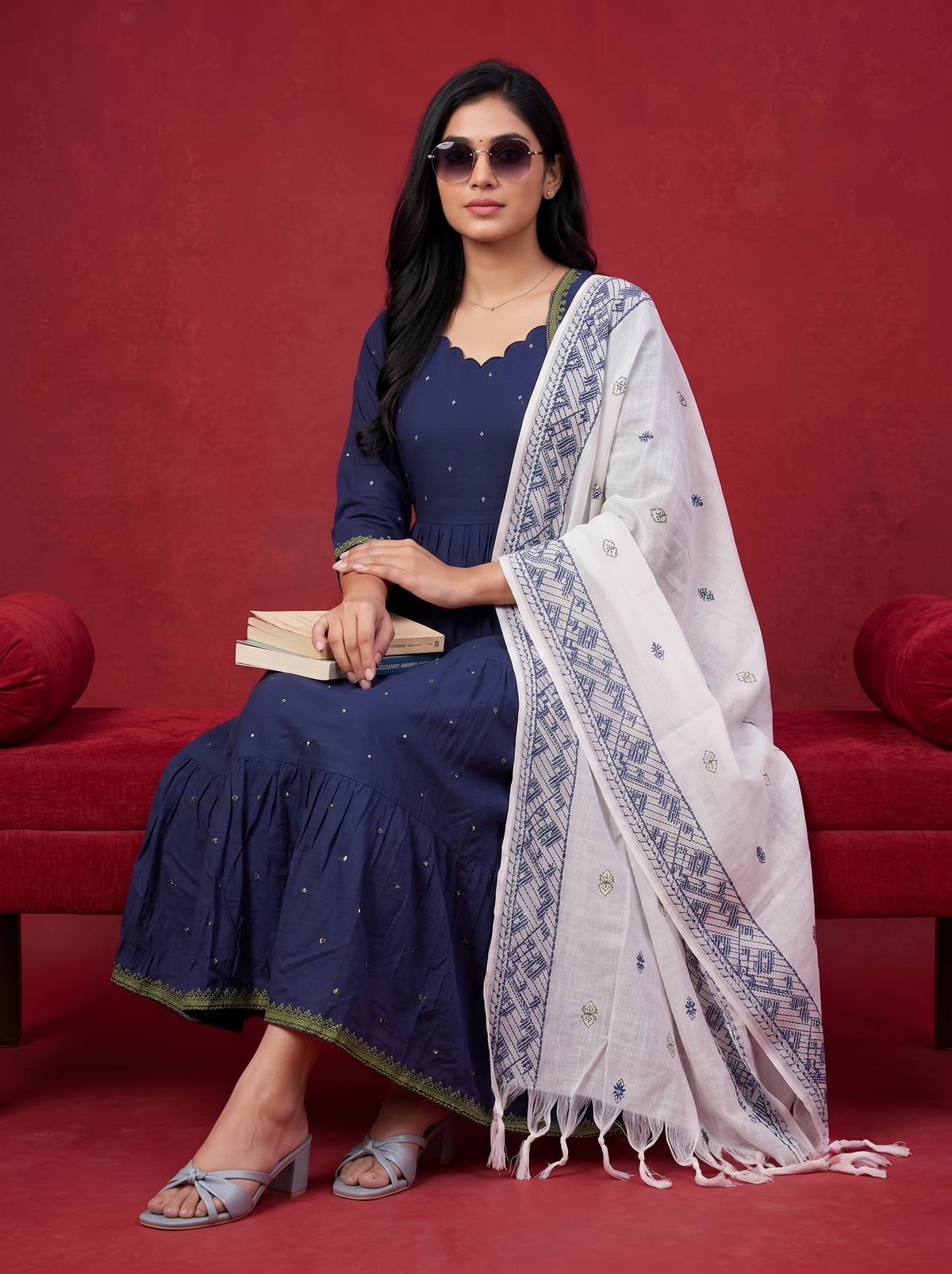 Designer Anarkali 2PC Set with Dupatta in Navy Blue | Elegant Tiered Frock Design