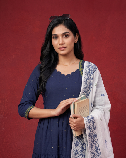 Designer Anarkali 2PC Set with Dupatta in Navy Blue | Elegant Tiered Frock Design