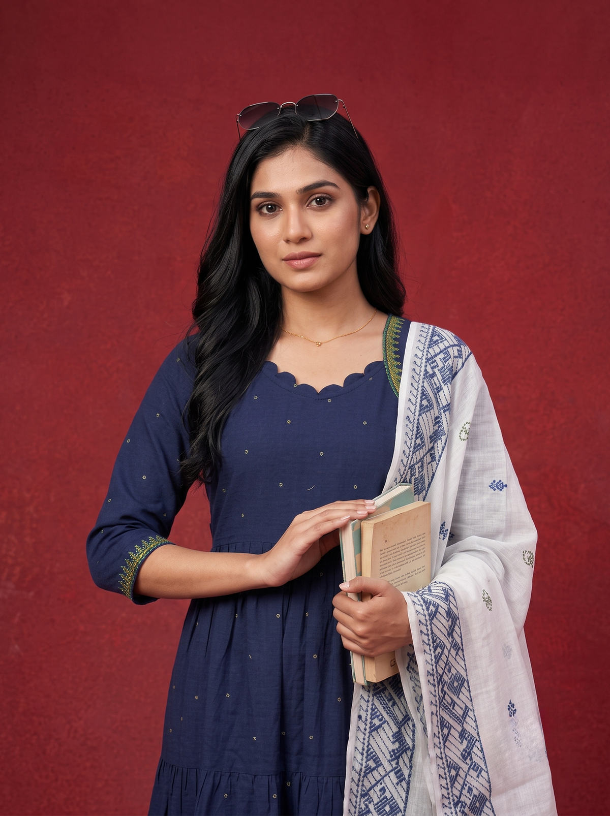 Designer Anarkali 2PC Set with Dupatta in Navy Blue | Elegant Tiered Frock Design