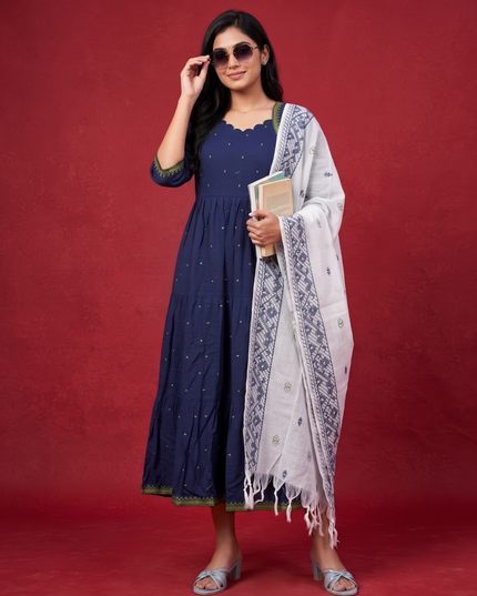 Designer Anarkali 2PC Set with Dupatta in Navy Blue | Elegant Tiered Frock Design
