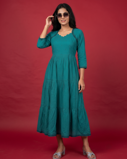 Designer Anarkali 2PC Set with Dupatta in Teal Blue | Elegant Tiered Frock Design