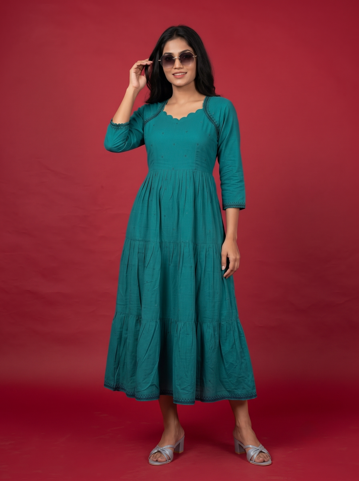 Designer Anarkali 2PC Set with Dupatta in Teal Blue | Elegant Tiered Frock Design