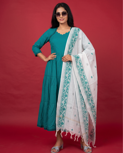 Designer Anarkali 2PC Set with Dupatta in Teal Blue | Elegant Tiered Frock Design