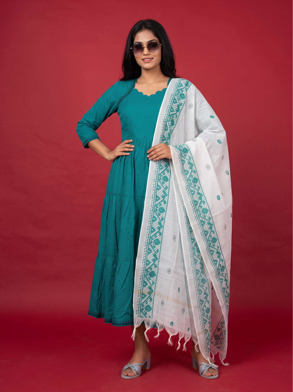 Designer Anarkali 2PC Set with Dupatta in Teal Blue | Elegant Tiered Frock Design