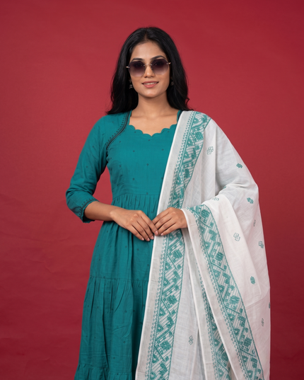 Designer Anarkali 2PC Set with Dupatta in Teal Blue | Elegant Tiered Frock Design