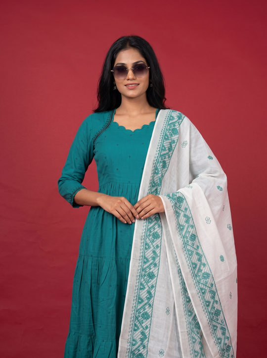 Designer Anarkali 2PC Set with Dupatta in Teal Blue | Elegant Tiered Frock Design