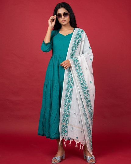 Designer Anarkali 2PC Set with Dupatta in Teal Blue | Elegant Tiered Frock Design