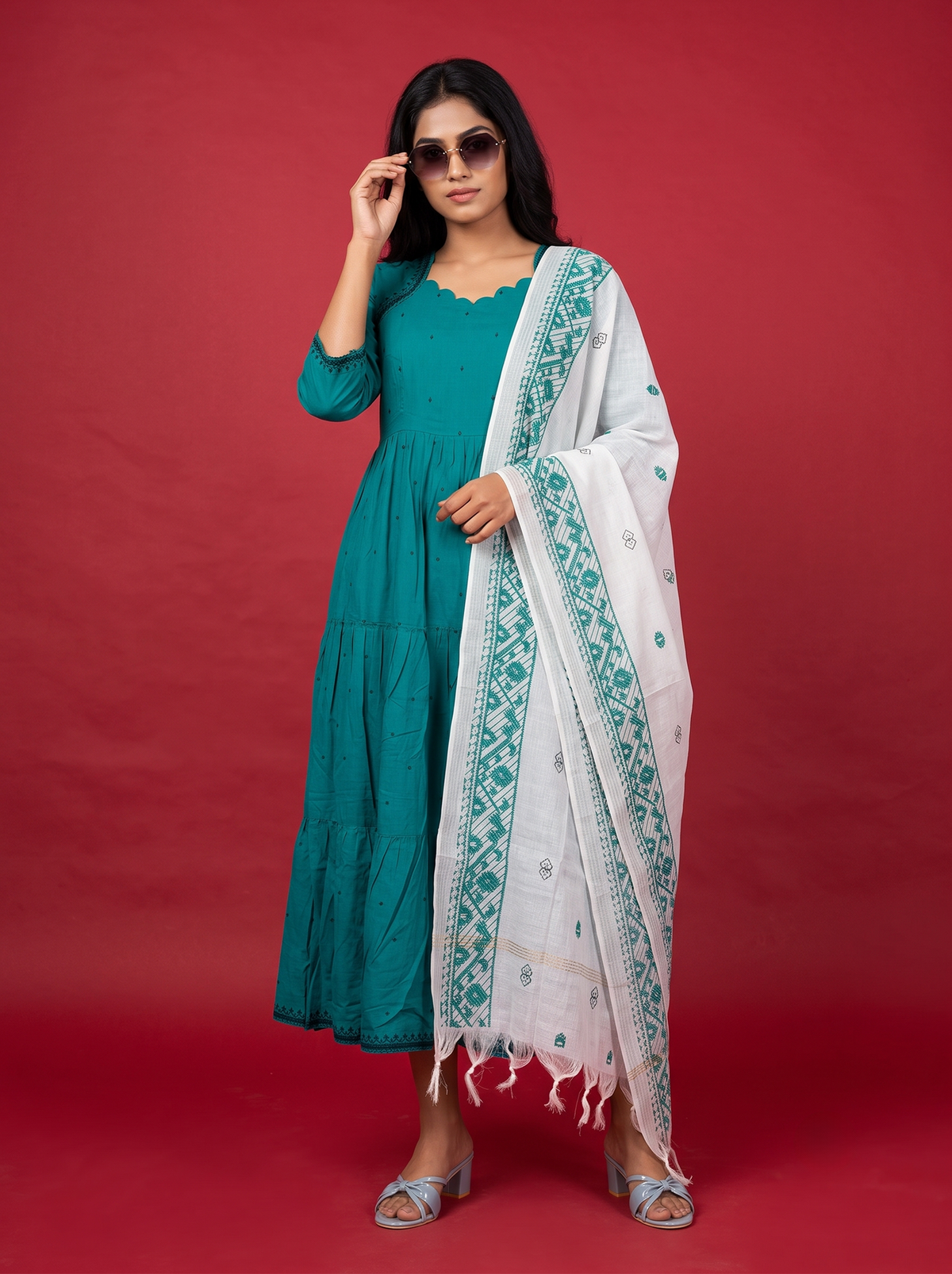 Designer Anarkali 2PC Set with Dupatta in Teal Blue | Elegant Tiered Frock Design