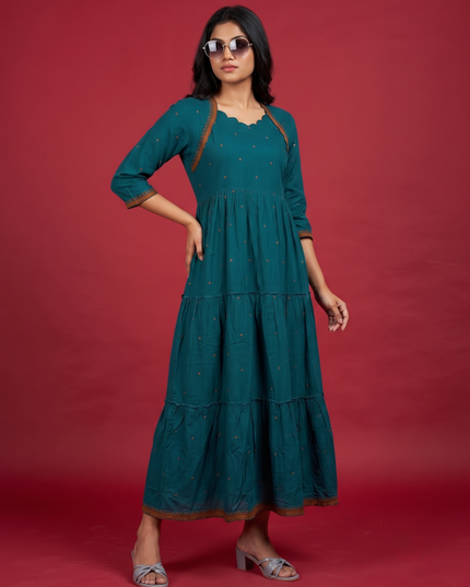 Designer Anarkali 2PC Set with Dupatta in Teal Blue | Elegant Tiered Frock Design