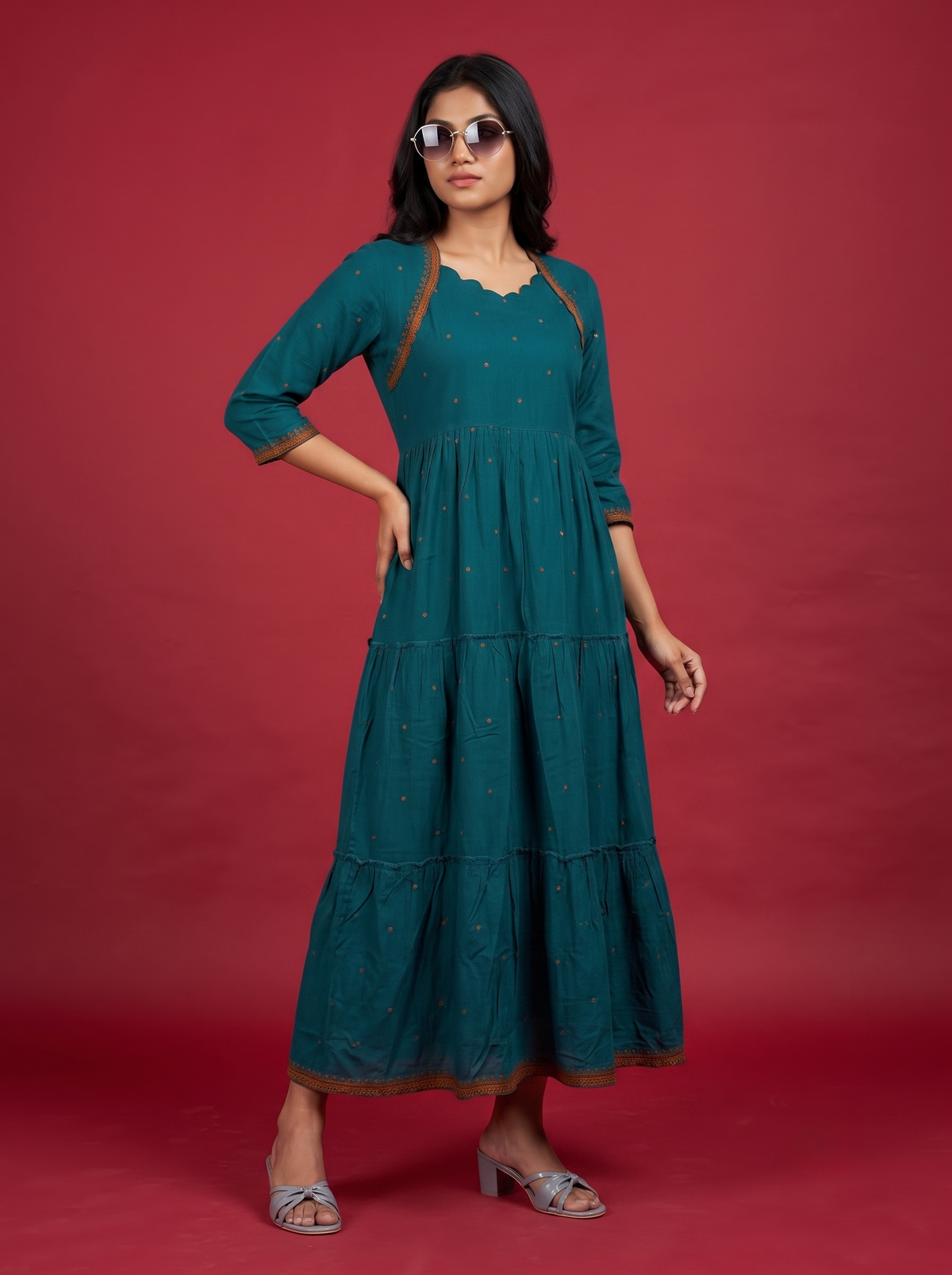 Designer Anarkali 2PC Set with Dupatta in Teal Blue | Elegant Tiered Frock Design