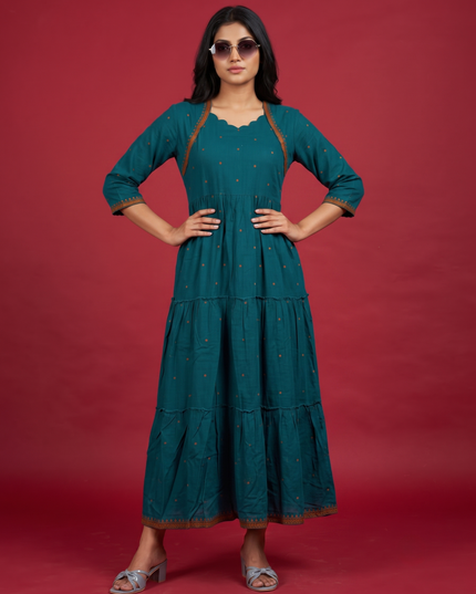 Designer Anarkali 2PC Set with Dupatta in Teal Blue | Elegant Tiered Frock Design