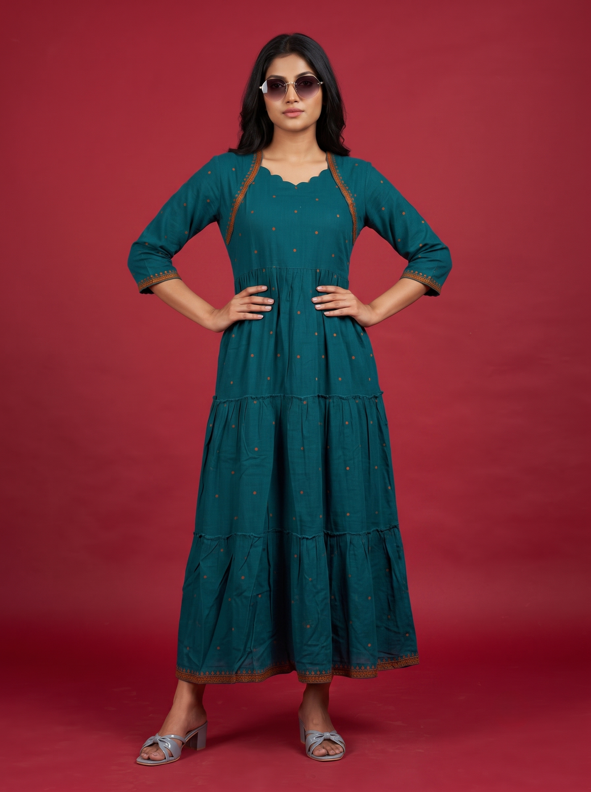 Designer Anarkali 2PC Set with Dupatta in Teal Blue | Elegant Tiered Frock Design