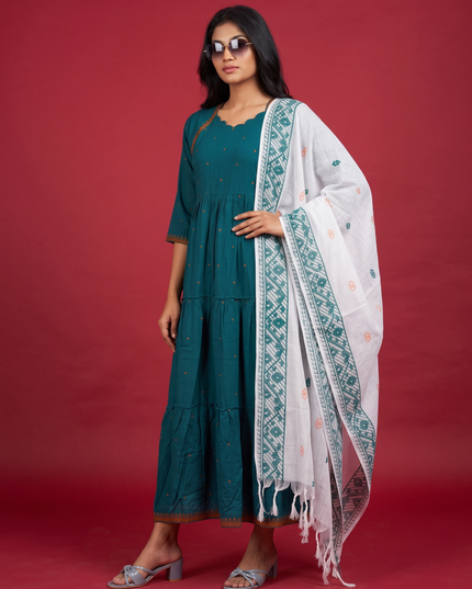 Designer Anarkali 2PC Set with Dupatta in Teal Blue | Elegant Tiered Frock Design