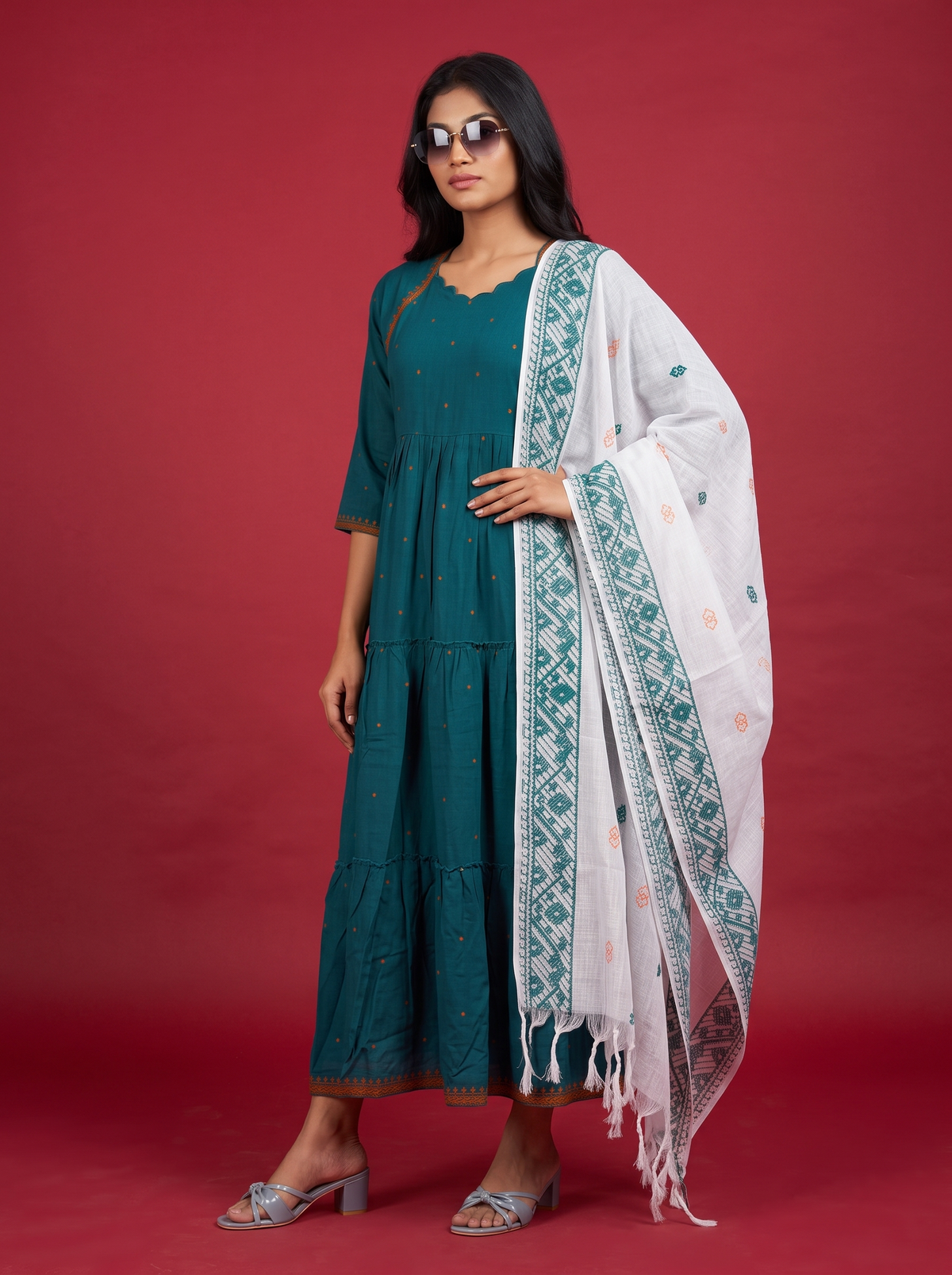 Designer Anarkali 2PC Set with Dupatta in Teal Blue | Elegant Tiered Frock Design