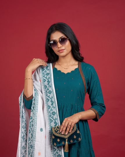 Designer Anarkali 2PC Set with Dupatta in Teal Blue | Elegant Tiered Frock Design